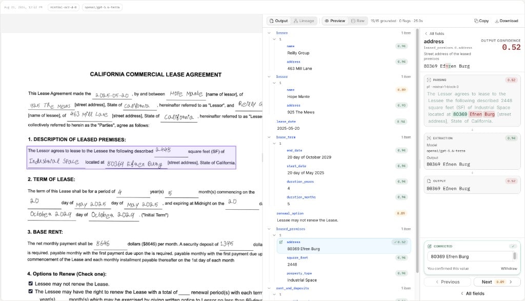 Review workspace showing the lease document, extracted fields, and lineage for the leased premises address after confirming 80369 Efren Burg.
