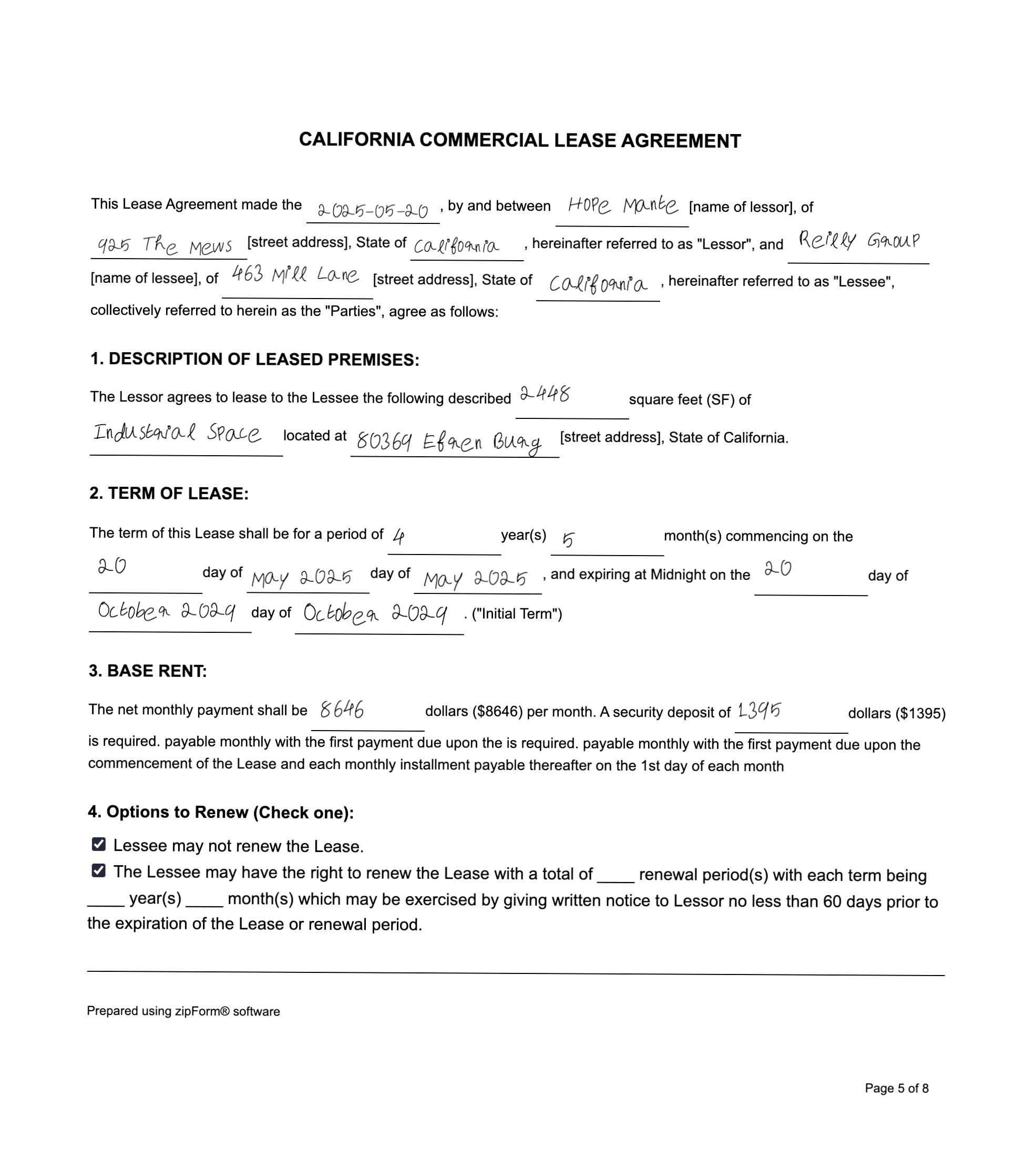California commercial lease agreement with handwritten entries